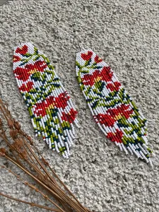 TRENDING <b>Red</b> Carnation Beaded Fringe <b>Earrings</b>: Boho Floral Seed Bead Jewelry FOR GIFT , WEDDING,ANNIVERSARY - Product Image 6