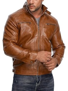 <b>Mens</b> Stand Collar Motorcycle Brown <b>Jacket</b> - Product Image 3