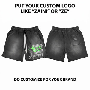 Shorts délavés pour hommes en molleton de coton premium 400 GSM, coupe décontractée, ourlet brut, cordon de serrage, logo personnalisé sérigraphié, noir/gris, streetwear - Product Image 1