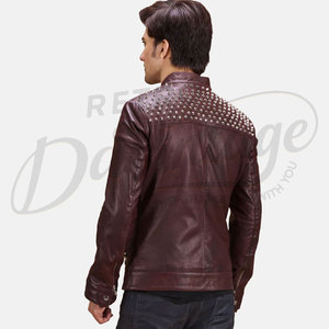 Chaqueta de Cuero Genuino Borgoña Premium para Hombre, Acolchada, Corte Ajustado, Estilo Biker, Cuello Alto, Prenda Exterior Casual y Elegante - Product Image 1