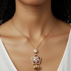 Collier pendentif en argent 925 plaqué or, serti de pierres Kundan et d'émail rubis |   Bijoux ethniques traditionnels pour femmes, ensemble de colliers - Product Image 1