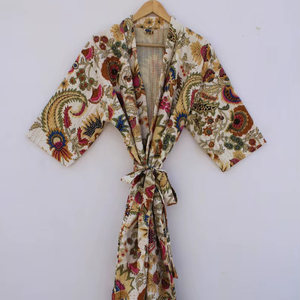 Bata Kimono con Estampado de Dibujos Animados para Mujer, 100% Algodón, Suave y Transpirable, Camisón de Verano Hecho a Mano, Cuello en V, Cintura Elástica, Largo Completo/Hasta la Rodilla - Product Image 1