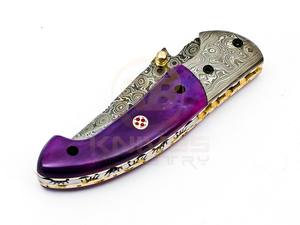 Couteau pliant artisanal en acier Damas avec manche en os coloré – Couteau de poche EDC avec mosaïque de clous - Product Image 4