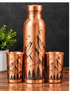 Botella de agua vintage de cobre con grabado de mandala de loto y 2 tazas a juego - Product Image 2