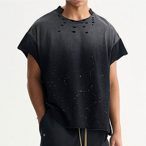 Men's Oversized Black Cotton T-Shirt With <b>Distressed</b> Holes And Splatter Print Street Style O-Neck Short Sleeve Jersey <b>Top</b> - Product Image 3