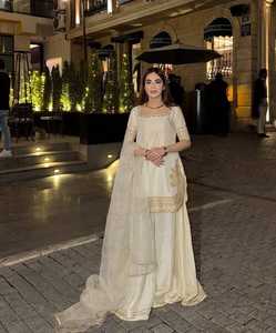 Ivory White <b>Kurta</b> Palazzo Suit Set Natural Crape Thread With Sequence Embroidery Work Top and Palazzo With Organza <b>Silk</b> Dupatta - Product Image 1