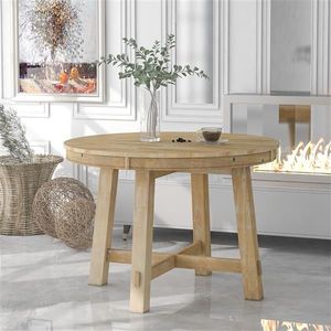 Farmhouse-Style Round Extendable Dining Table with 16\" Wood Leaf Kitchen Table in Natural Wood Wash - Product Image 2