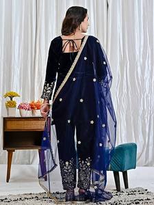 Ramdev Trading - Salwar Kameez de Terciopelo Azul Marino para Mujer, con Bordado y Dupatta de Red, para Bodas y Fiestas, Ropa Tradicional India y Pakistaní - Product Image 4