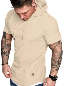 <b>Men's</b> Regular Fit Hooded <b>Short</b> <b>Sleeve</b> Fleece T-Shirt Pocket Beige 100% Cotton Casual Winter Wear Breathable Quick Dry High - Product Image 3