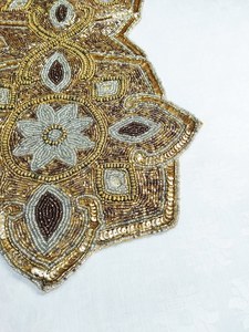 Glam Handmade Fabric Table <b>Runner</b> Irregular Shape Beaded Lotus Design Gold Tone Decorative Mat - Product Image 5