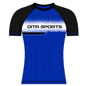 Maillot de sport personnalisé bleu roi et noir à manches courtes raglan, col rond, pour entraînement athlétique, uniforme d'équipe, respirant et performant - Product Image 1