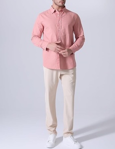 Chemise boutonnée en coton rose pour homme, manches longues, col rabattu, couleur unie, avec poches, coupe classique, toutes saisons, haut décontracté - Product Image 2