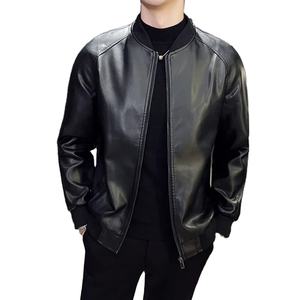 Veste en cuir PU pour hommes, vestes décontractées à col de baseball à la mode, vêtements d'extérieur en cuir de moto de couleur unie pour hommes - Product Image 2