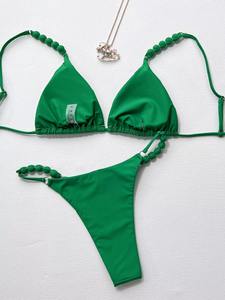 Blue and Green Solid Casual Knitted Quick Dry Polyester <b>Bikini</b> Set with Adjustable Straps - Product Image 5