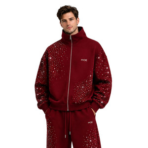 Custom Logo Burgundy Sparkly Full Zip <b>Rhinestone</b> Oversized <b>Jacket</b> Baggy Sweatpants Men 450GSM Heavy Fleece Hip Hop Bling Hoodies - Product Image 4