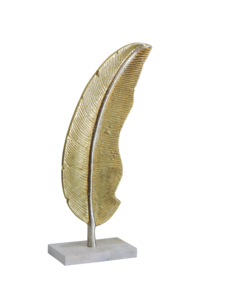 Escultura de Pluma de Aluminio Dorada y Plateada sobre Base de Mármol – Elegante Estatua Moderna de Hoja Metálica para Decoración de Estantes, Repisas y Escritorios de Oficina - Product Image 2
