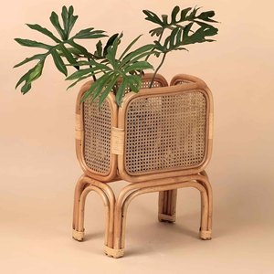 Rattan plant stand handcrafted raised <b>pot</b> for plants cane webbing planter <b>holder</b> with legs - Product Image 1