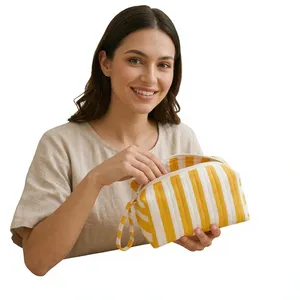 Factory Direct Cotton Quilted <b>Makeup</b> Bag Bold Striped Cosmetic Organizer Custom Logo Toiletry Pouch Travel Storage Bag for Women - Product Image 6