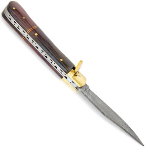 Cuchillo de bolsillo plegable de acero de Damasco hecho a mano con mango de madera y funda de cuero, cuchillos de supervivencia al por mayor, Pasha Enterprises - Product Image 3