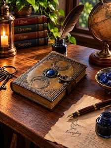 Diario celta de cuero hecho a mano con tapa dura, diseño de luna y cristal en relieve, cuaderno grimoire vintage con cierre antiguo, 7x5 pulgadas - Product Image 1