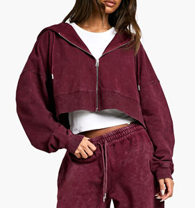 Sudadera con Capucha Extra Grande para Mujer, Tendencia en Moda, Color Sólido Borgoña, Tejido de Algodón, Corte Asimétrico, Estilo Corto, para Otoño - Product Image 6