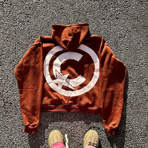 Sweat à capuche vintage marron personnalisé avec fermeture éclair intégrale pour hommes et femmes, coupe oversize, patch lettres vieilli, graphique, molleton épais, streetwear - Product Image 2