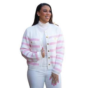 Cárdigan a Rayas Rosa y Blanco para Mujer, con Letras Griegas, Botones, Suéter de Punto, Estilo Casual y Elegante, Prenda Premium - Product Image 1