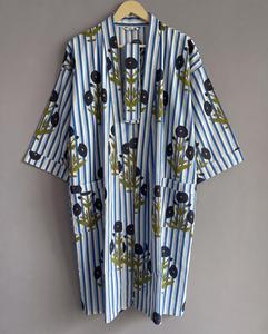 Robe kimono pour femme à rayures florales brodées, manches trois quarts, robe midi ample avec poches, tenue décontractée d'été, 100% coton - Product Image 1