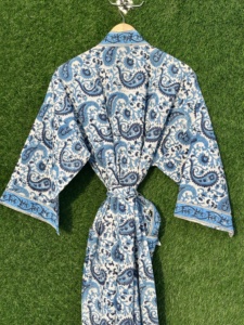 100% Cotton Soft V-neck Full Length Handcrafted <b>Kimono</b> Bathrobe Paisley Floral Block Print Casual Robe Lightweight Sleepwear - Product Image 2