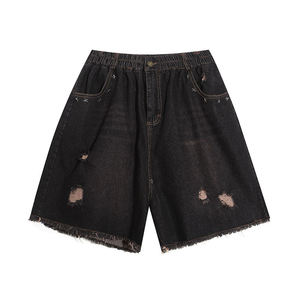 Pantalones cortos de mezclilla para hombre, de cintura media, rasgados, estilo casual, con cintura elástica, lavado a la piedra, dobladillo deshilachado, estilo tejido de poliéster - Product Image 4