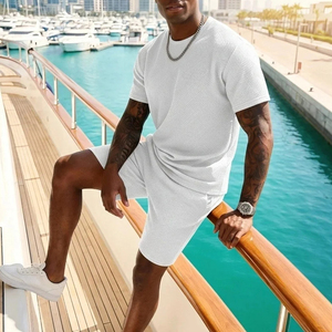 Premium Men's Light Gray Summer Set <b>Geometric</b> Pattern Crew Neck Knitted Summer Wear Breathable Short Sleeve <b>Shirt</b> OEM - Product Image 6