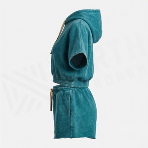Conjunto de 2 Piezas para Mujer, Sudadera con Capucha y Pantalones Cortos, Color Sólido, Algodón Lavado, Corte Holgado Informal, Por Encima de la Rodilla, Transpirable, Primavera Verano - Product Image 3