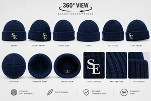 Custom Embossed SE Fisherman Beanie <b>Hat</b> Deep <b>Navy</b> Rib Knit Folded Cuff Winter Warm Unisex Vintage 100% Cotton LED Display Screen - Product Image 4