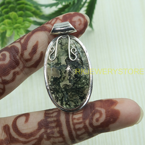 Colgante ovalado de ágata musgosa natural, plata de ley 925, hecho a mano con alambre envuelto, piedra de ágata musgosa verde, regalo de joyería para mujer - Product Image 4
