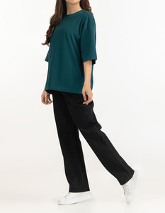 T-shirts amples en coton pour femmes, couleur vert-bleu foncé, col rond rouge, pour impression personnalisée, respirants - Product Image 3