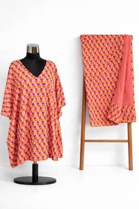 Robe kaftan mini en coton écologique à imprimé floral bohème, col en V, manches chauve-souris, franges, avec paréo de plage - Product Image 3