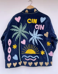 Chaqueta Bomber Acolchada de Terciopelo Bordada Cin Cin para Otoño, Diseño de Palmeras y Corazones, Transpirable, Ropa Exterior para Mujer - Product Image 3