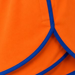 Shorts de course pour femmes orange avec passepoil bleu roi, en polyester, séchage rapide, taille élastique avec cordon de serrage, pour athlétisme, gym et fitness, OEM - Product Image 5