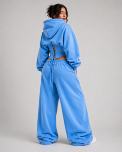 Ensembles de sweats à capuche et pantalons de survêtement à jambes larges en coton épais avec taille corset pour femme, logo personnalisé, polaire premium, mode streetwear, vente en gros - Product Image 4