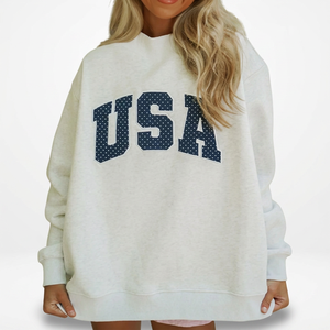 Sweat-shirt à col montant pour femme, motif crème à pois bleus, lettres USA sur la poitrine, poignets et ourlet côtelés, coupe ample, manches longues, style streetwear - Product Image 4