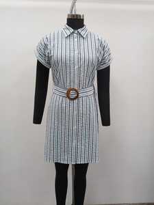 Vestido Camisero de Verano a Rayas 100% Algodón Transpirable con Cinturón, Cuello Camisero, Manga Corta, Largo hasta la Rodilla, Informal, para Uso Diario, Tejido, Primavera - Product Image 1