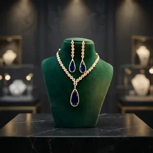 Ensemble collier et boucles d'oreilles pour femme en argent plaqué, saphir et pierre taille poire, classique, pour mariage - Product Image 6