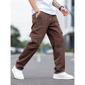 Jean cargo en denim marron moderne pour homme, coupe ample, style vintage, écologique, respirant, hiver, délavé, grande taille, thème rétro - Product Image 5