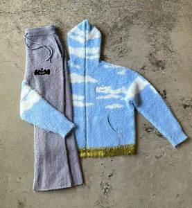 high quality Men's Mohair Sweater Sets Fuzzy Mohair Flared Sweatpants and Hoodie Set Winter Knitted Mohair Sweater Tracksuit - Product Image 1