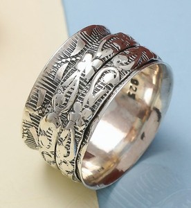 925 Sterling <b>Silver</b> Wide Spinner <b>Ring</b> Texture Band Handmade Rotating Floral Statement <b>Ring</b> for <b>Men</b> & Women - Product Image 2