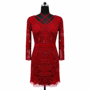 Women Red <b>Sequin</b> Mini Dress | Strappy Neck Sheer Sleeve Beaded Cocktail Party Evening Wedding Prom Elegant Embellished Occasion - Product Image 1