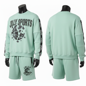 Conjunto de Sudadera y Pantalones Cortos de Felpa de Algodón y Poliéster para Hombre, con Paneles de Cinta en Contraste y Logotipo Estampado - Product Image 4