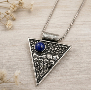 Artisan Brass Lapis Lazuli Triangle Pendant Handmade Gold/Silver Plated Unisex Gothic Boho Statement Jewelry Wholesale - Product Image 3