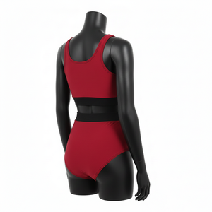 Traje de baño para mujer, 230 GSM, poliéster premium, spandex elástico, rojo cereza, negro, panel de malla, logotipo bordado con parche, traje de baño para mujer - Product Image 3