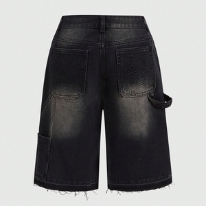Shorts en jean personnalisés Up Felt avec motif tête de mort en relief, style streetwear vintage, 100% coton, coupe ample, unisexe - Product Image 6